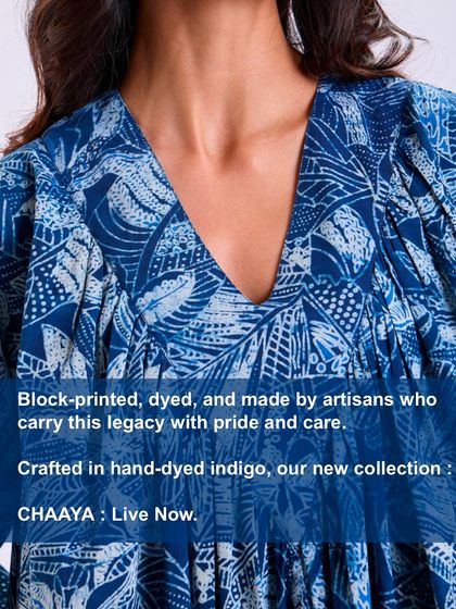 A close-up of the neckline on our Chaaya dress. It's block-printed, dyed, and made by artisans who carry this legacy with pride and care.