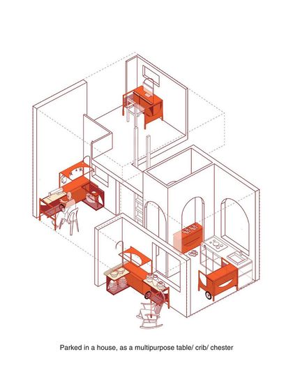 The cart's life extends beyond the street. This diagram shows how its components can be disassembled and upcycled into multipurpose furniture for the home, such as a desk, a kitchen counter, or even a child's crib.