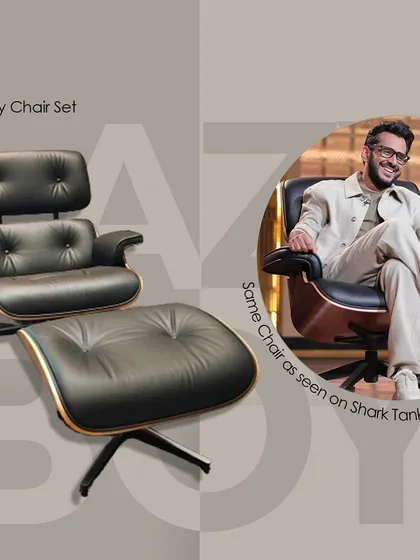 You might recognize this one. This is our Lazy Boy Chair set, the same iconic design seen on Shark Tank, complete with a matching ottoman. It's the ultimate chair for relaxation, offering exceptional comfort and timeless style.