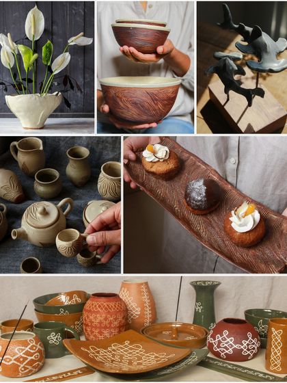 A collage showcasing the incredible range of work created by our professional course graduates. From functional tableware and tea sets to sculptural art, this is a testament to their dedication and creative growth.