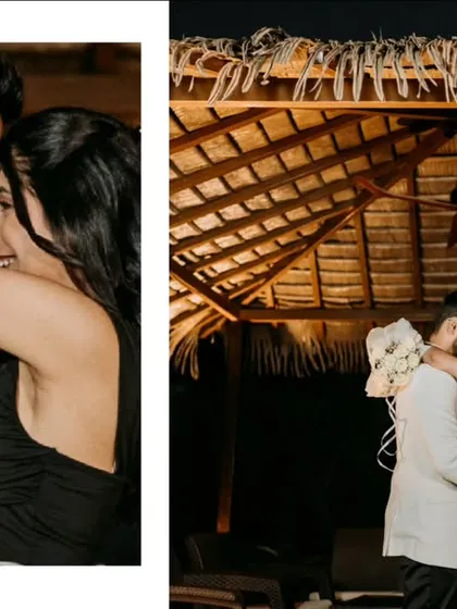 A diptych showing a romantic dance under a thatched roof at night. The combination of a close-up and a wider shot tells a story of intimacy and celebration.