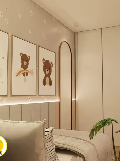 A sweet and charming kids' room with cute bear-themed artwork. The design uses a soft, neutral color palette and includes a full-height wardrobe.