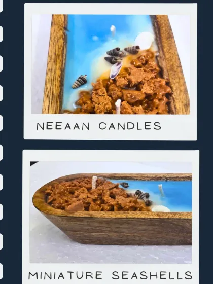 Dive into serenity with our handcrafted ocean-themed candles in a rustic wooden container.