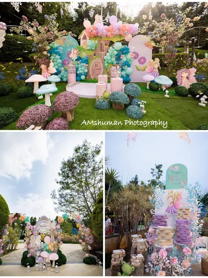 A collage showcasing the grand scale of our fairyland party decor. It highlights the custom entrance, the main backdrop with its fairy house and balloon art, and the themed dessert display, showing how I transform an entire venue.