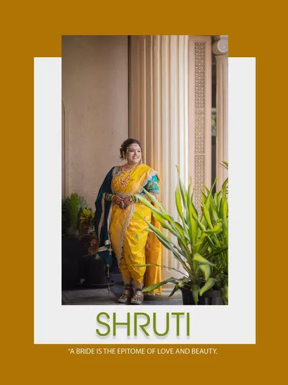 A portrait of the bride, Shruti, looking radiant in her traditional yellow wedding attire against a backdrop of lush greenery.