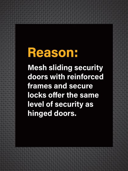Reason: Our mesh sliding security doors with reinforced frames and secure locks offer the same high level of security as our hinged doors.