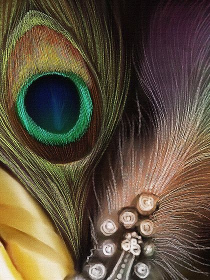 A detail shot of the peacock feather and jewels in Krishna's turban. I spent many hours painting each strand of the feather to capture its iridescent colors and delicate texture.