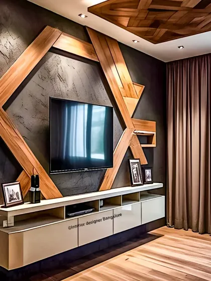 This project showcases our ability to create bold, artistic statements. A custom-built geometric wood frame surrounds the TV, turning the entire wall into a unique art installation that is both dramatic and functional.