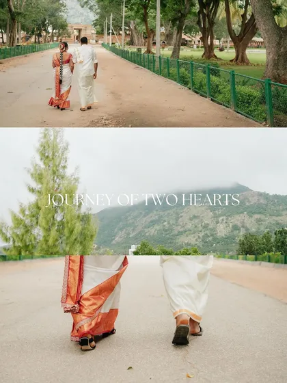 A collage telling the story of a "Journey of Two Hearts." It combines a wide shot of the couple walking towards the mountains with a close-up of their traditional attire, symbolizing their path together.