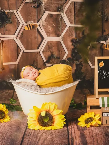 Our sweet-as-honey setup features a newborn nestled in a white tub, surrounded by bright sunflowers and whimsical bees. The rustic wooden backdrop and personalized chalkboard make this a cheerful and charming nature-inspired portrait.