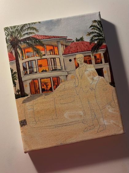 In this stage, I've added more detail to the background, including the palm trees and the warm glow from the windows of the house.