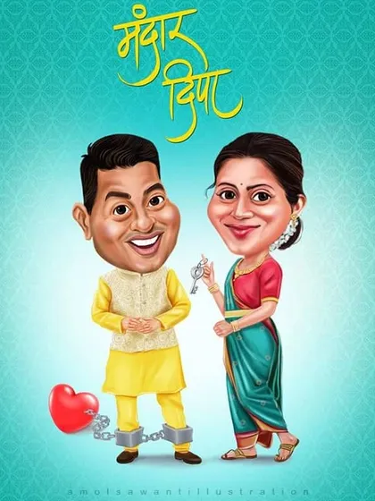 Make your wedding invitation truly unique with a custom couple caricature. This piece was designed for a Marathi wedding, showing the couple in traditional attire, ready to start their new life together. It's a fun twist on wedding stationery.