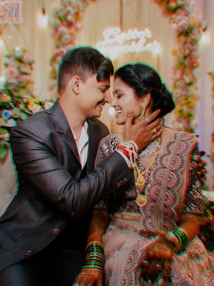 An artistic, intimate portrait of the couple from their engagement, with a creative color effect.