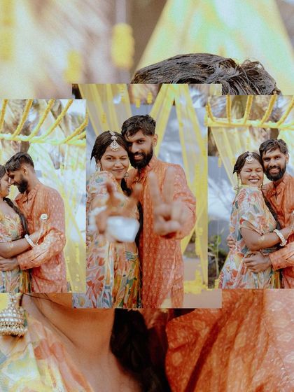 A collage of the couple's playful and loving moments during their Haldi ceremony, capturing their genuine connection.