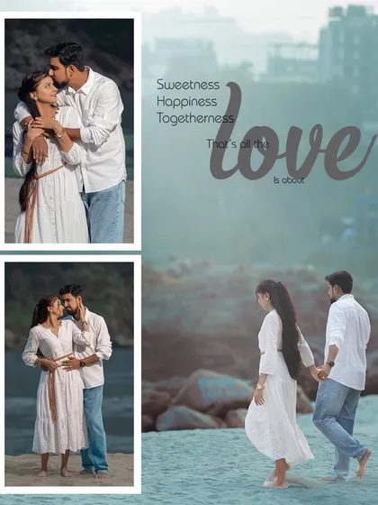 Sweetness, happiness, togetherness. This collage perfectly captures the playful and loving moments of a couple's day out by the river, from forehead kisses to walking hand-in-hand.