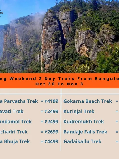 A price list for our popular 2-day treks from Bangalore, including Kumara Parvatha, Kodachadri, and Gokarna Beach Trek.
