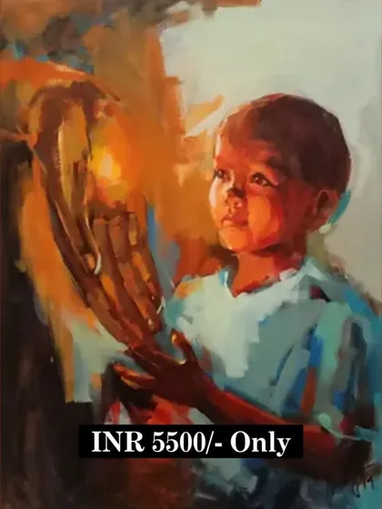 An impressionistic painting titled 'A Glimmer of Hope'. This piece, featuring a child holding a lamp, is available for purchase.