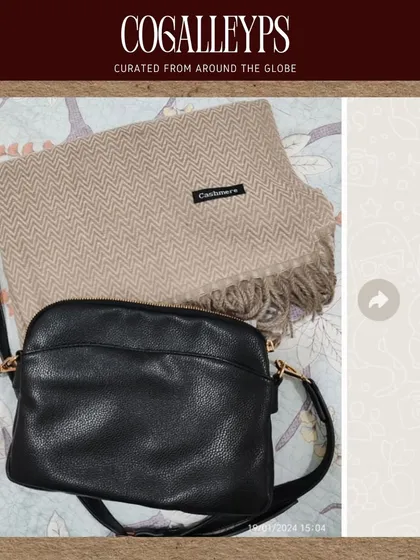 A customer photo showing her new cashmere scarf and leather sling bag together. A perfect combination.