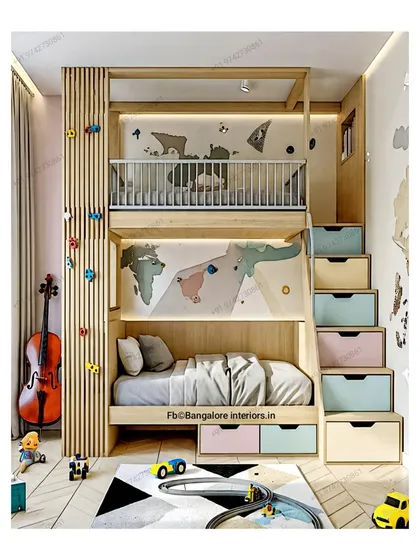 I love designing kids' rooms that are fun and super practical. This bunk bed is a great space-saver for city homes, with storage drawers cleverly built into the staircase. The soft pastel colors and world map decal make it a playful retreat for little adventurers.