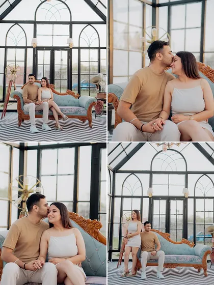 A collage of moments from the indoor glasshouse shoot, showing a variety of both posed and candid interactions.