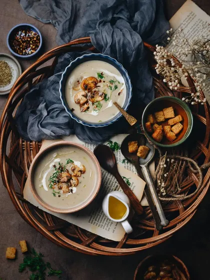 A lovely bowl of warm mushroom and cream soup on a cold day. The rustic, layered styling with a wicker tray and old book pages creates a cozy and comforting scene.