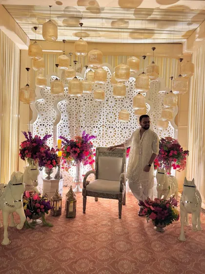 The stunning decor for a Sufiyana evening in Jaipur. I love working in venues that provide such a grand and atmospheric backdrop for the celebrations.
