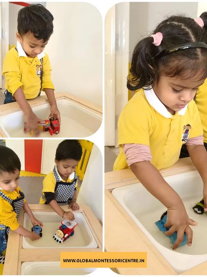 A practical life activity within our 'Transport' theme. Children had a wonderful time washing their toy cars, trucks, and buses in the water trough.