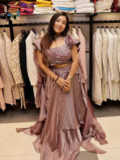 A full-length view of this trendy Indo-Western outfit, perfect for the fashion-forward wedding guest.