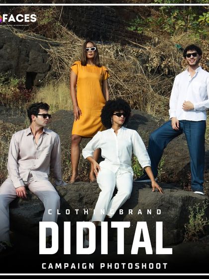 A group of international models in a dynamic pose on a rocky outcrop, perfect for a campaign or group portfolio shot.