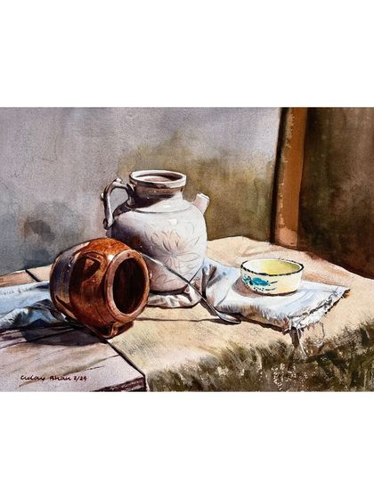 A still life of pottery, used as an example for my complete watercolor course. This piece is a study in capturing the matte texture of unglazed pottery.