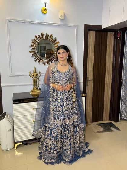 A full-length view of the client, ready to make an entrance at her event.