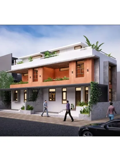 A perspective render showcasing the design for contemporary residential row houses in Ahmednagar. This view emphasizes the building's relationship with the street, the layered facade with its terracotta-colored mid-level, and the integration of greenery through climbing vines on the boundary wall.