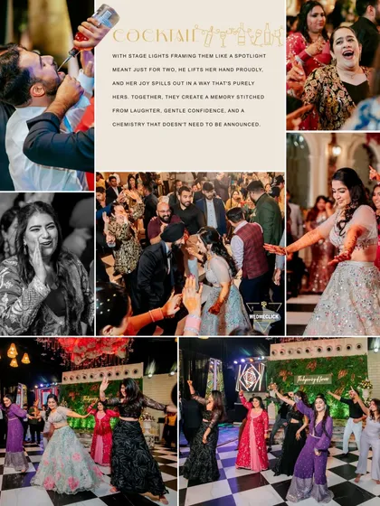 A collage that tells the story of a lively cocktail party, from the dance floor energy to the fun moments at the bar.