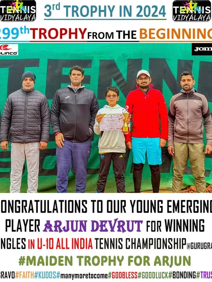 Congratulations to our young emerging player Arjun Devrut for winning the Singles in the U-10 All India Tennis Championship, his maiden trophy.