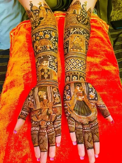 This design features a romantic couple portrait on the palms, with a doli scene and other traditional motifs on the forearms.