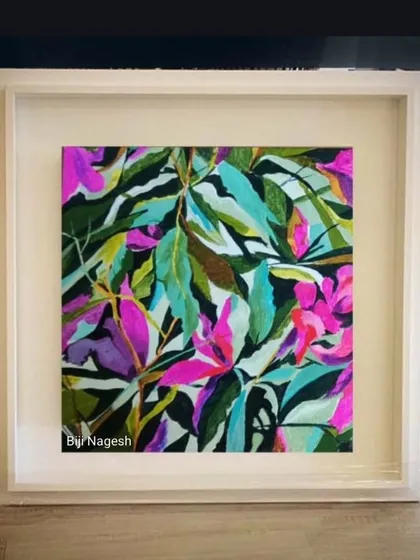 This vibrant floral painting of Nerium Oleander flowers is a celebration of color and nature. Framed in a modern white box frame, it shows how a piece of art can bring energy and life to your walls. I create floral paintings of all sizes, perfect for home or corporate decor.