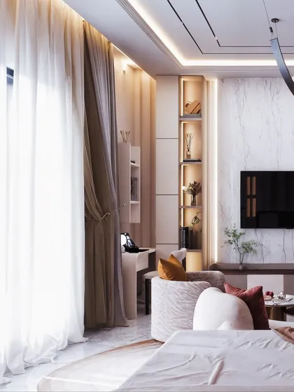 A master bedroom visualization that balances soft textures with clean lines. The render highlights the vertical lit niche and the elegant study corner.