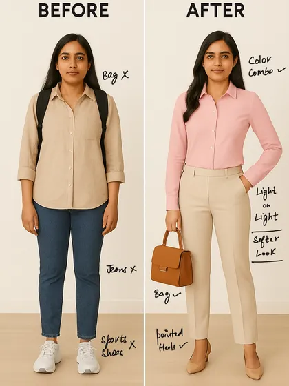 A great example of how the right color combination and fit can completely transform your look. We moved from an ill-fitting shirt and casual shoes to a softer, light-on-light color palette with pointed heels to create a more polished and professional image.