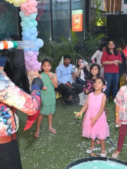 Kids are mesmerized by our interactive bubble shows. The artist uses various tools to create bubbles of all shapes and sizes, allowing children to pop them and even stand inside a giant bubble.