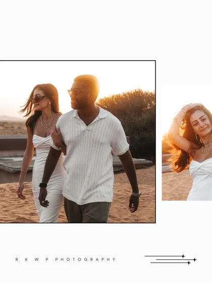 A stylish photo layout featuring a candid walking shot and a beautiful solo portrait of the bride, highlighted by the warm desert sun.