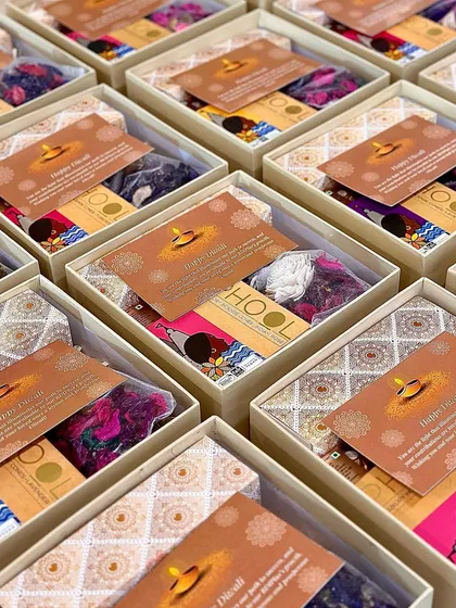 Adding the final touch to our corporate Diwali gifts. Each box included a custom-printed "Happy Diwali" card, reinforcing the festive message and showing that even in bulk orders, the personal sentiment is never lost.