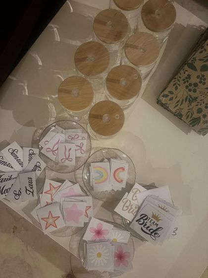Here are the supplies for our 'Design Your Own Sipper' activity. We provide a variety of stickers, decals, and names so each guest can create a glass that is perfectly 'them'.