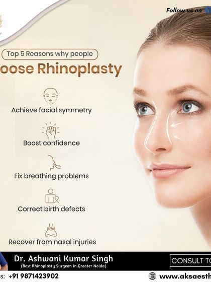 Here are the top five reasons patients choose rhinoplasty. It can be for achieving facial symmetry, boosting confidence, fixing breathing problems, correcting birth defects, or recovering from nasal injuries.