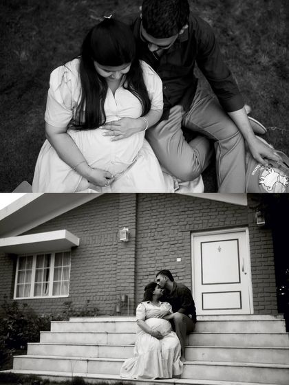 A black and white collage showing two different cozy moments: one of the couple sitting together on the grass, and another on the steps of their home.