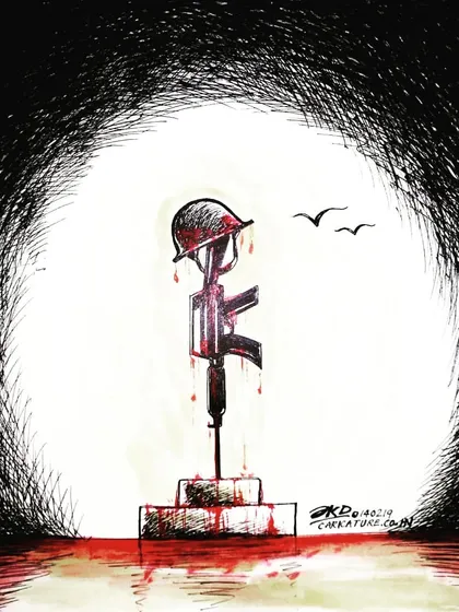 This is a solemn editorial illustration I created to honor the soldiers we lost in the Pulwama terror attack. Sometimes, a simple, powerful image without words conveys the deepest respect and sorrow.