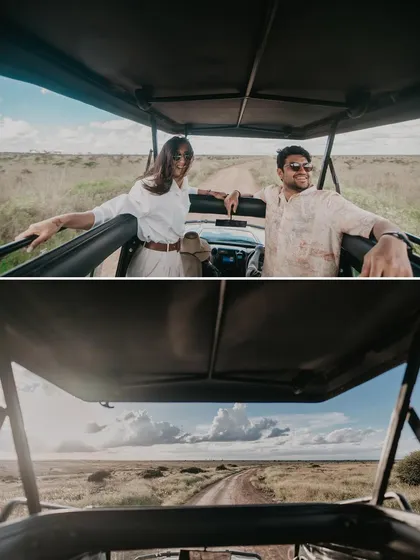 Fun, candid shots from inside the safari jeep. These photos capture the excitement and joy of the journey, showing the couple enjoying the experience from a unique perspective.