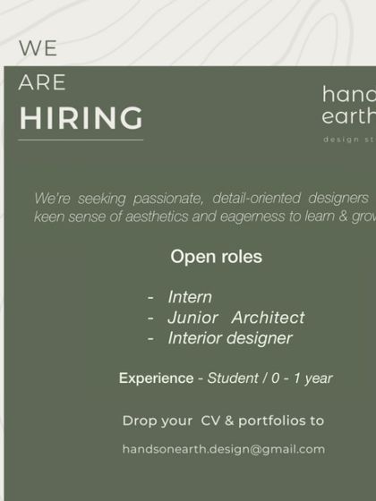 Hands-on Earth, a design studio in Hyderabad, is seeking a Junior Architect with 0-1 year of experience, emphasizing a keen sense of aesthetics.