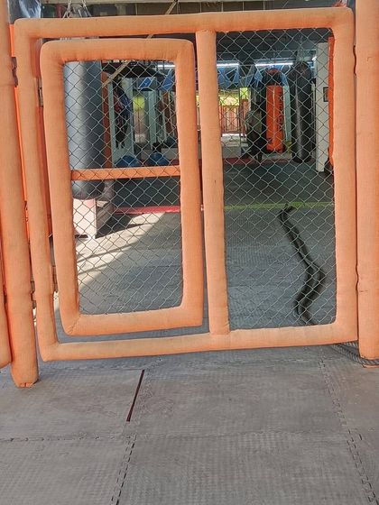 The entrance to our octagon cage at the Greater Noida facility. The padded barriers ensure safety while you train and spar in a professional-grade environment.
