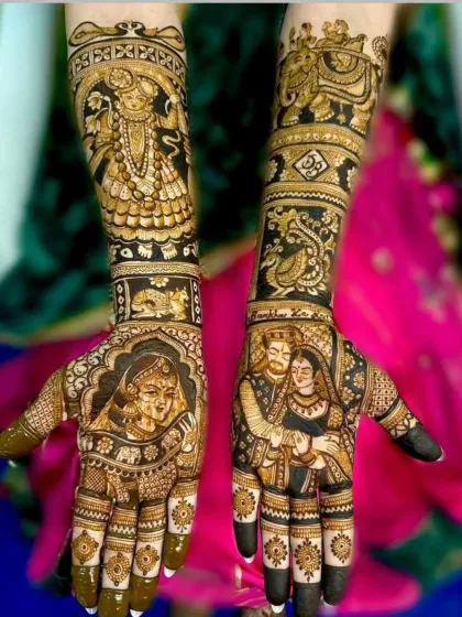 This design combines a portrait of the bride and a couple on the palms with a depiction of Shrinathji on the arm, blending personal and spiritual themes.