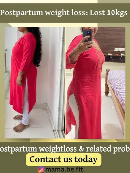 A side view of the 10kg postpartum weight loss, showing a dramatic change in her profile and posture.